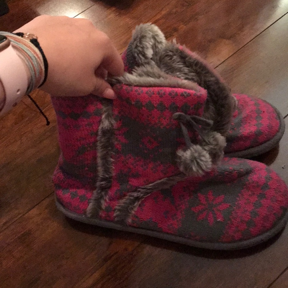 Pink and gray fuzzy slippers